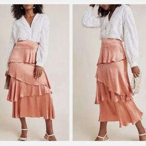 Anthropologie Maeve Cassia Rust Tiered ruffle Midi Skirt Orange Satin